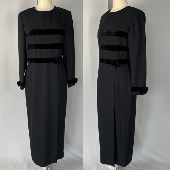 Vintage Maxi Dress Size 12 Black Solid Long Sleeve Bows Gothic Dark Academia 90s - Picture 1 of 16
